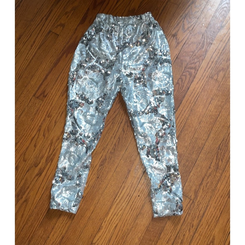 Handmade silver sequined sheer embellished formal evening disco y2k boogie Pants - Picture 6 of 12